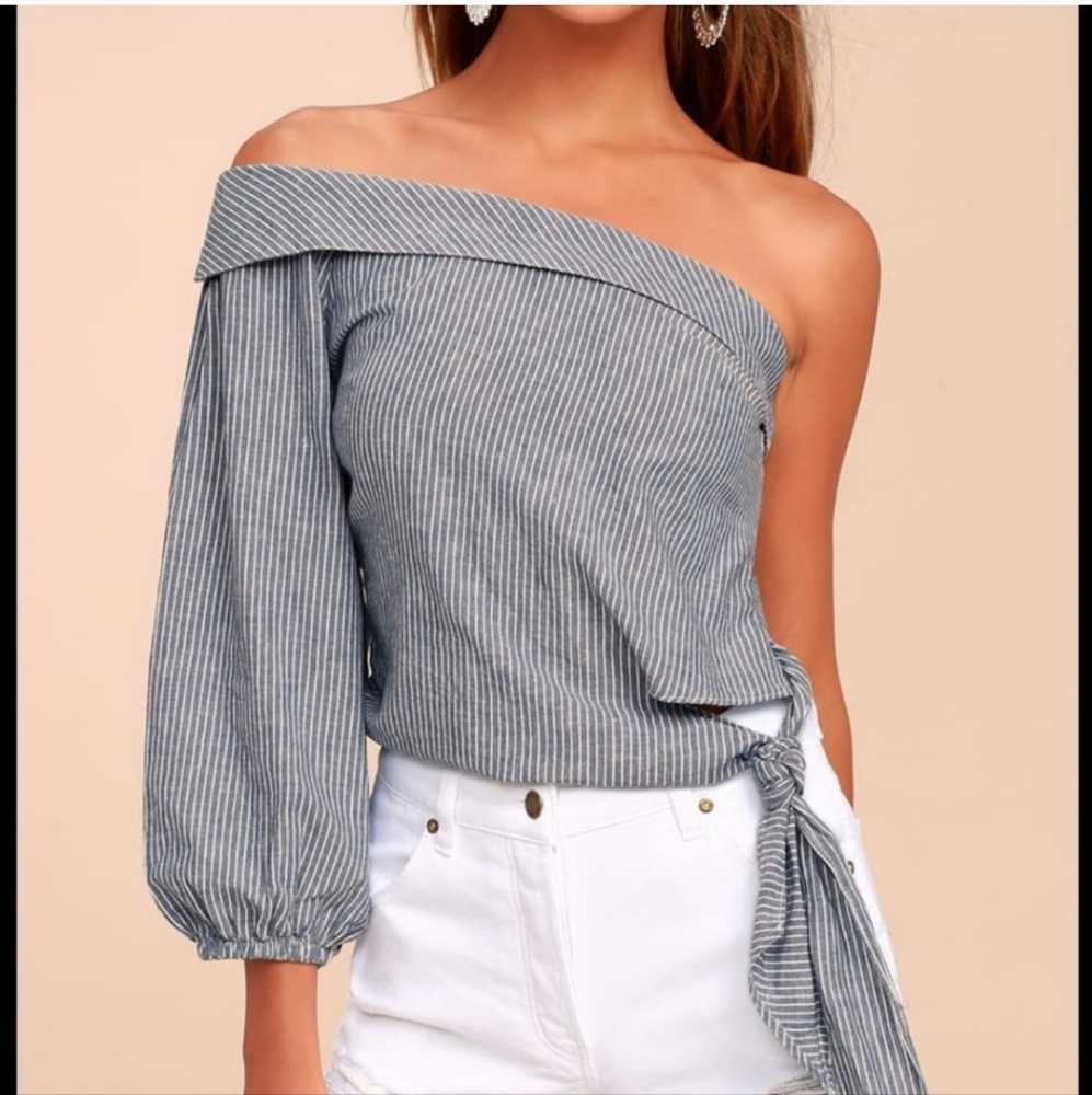 NWT, Free People Get Down Blue & White Striped One Shoulder Top, Size 2